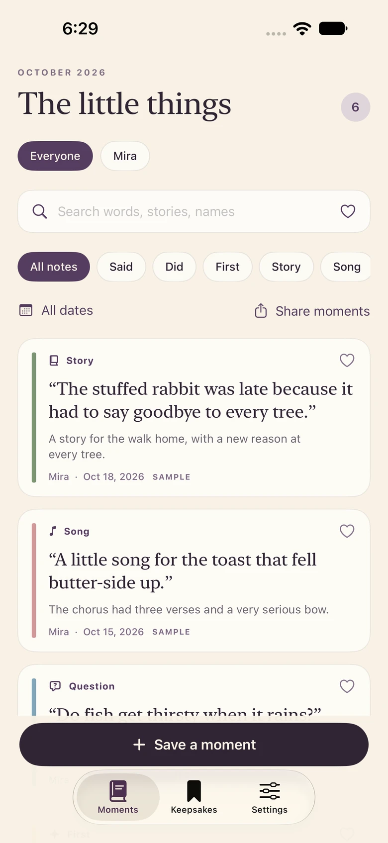 The Patterbook archive with sample memories and category filters.