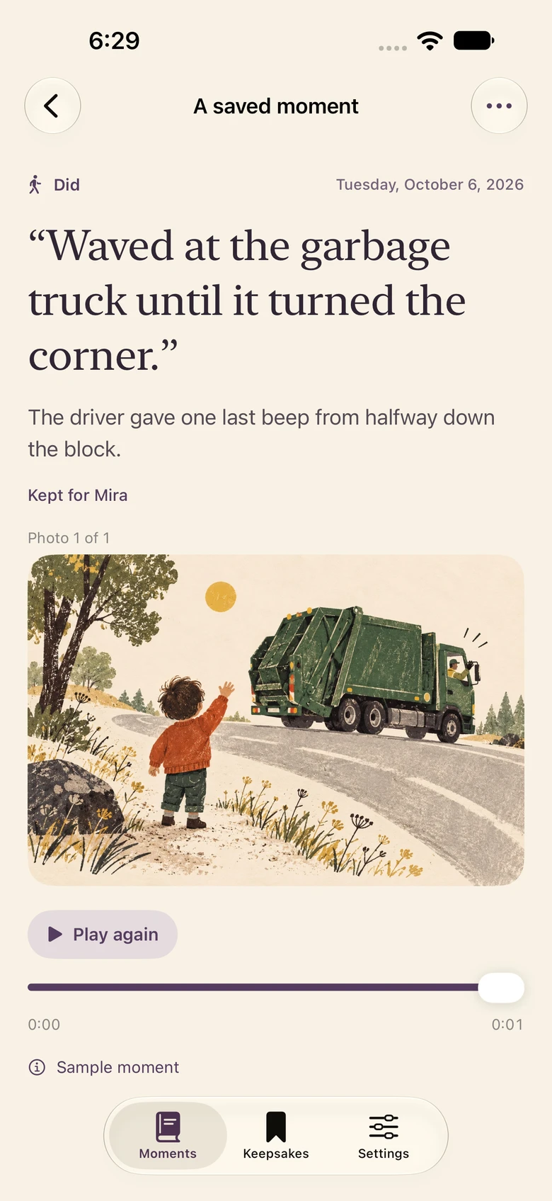A saved sample moment with its words, image and voice recording.
