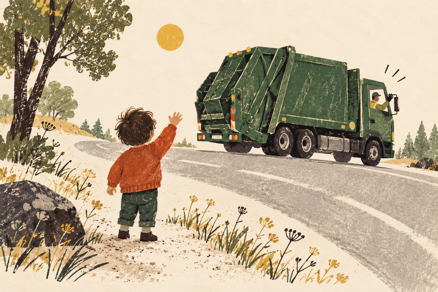 An illustrated child waves as a green truck passes on a sunny road.